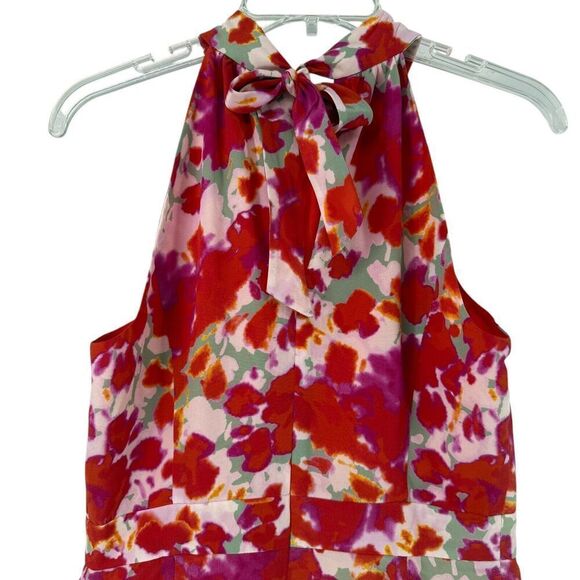 Beth Bowley Top Silk Floral Halter Womens Size 4 High Neck Bow Peplum Resort Red - Picture 4 of 9